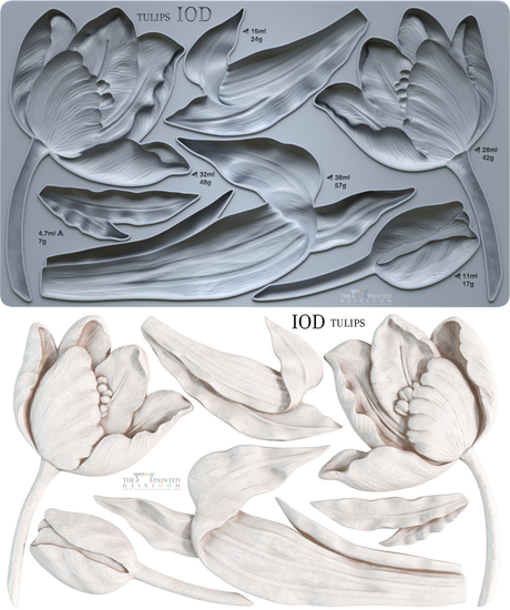 IOD Tulips Mould by Iron Orchid Designs, gray mould shown above white resin tulip castings, both labeled Tulips Mould.