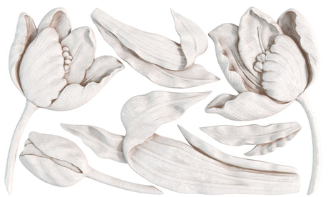 Three white tulips and five leaves made with I.O.D. Tulips Mould by Iron Orchid Designs.
