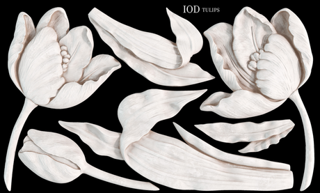White tulip and leaf sketches on black, I.O.D. Tulips Mould by Iron Orchid Designs.