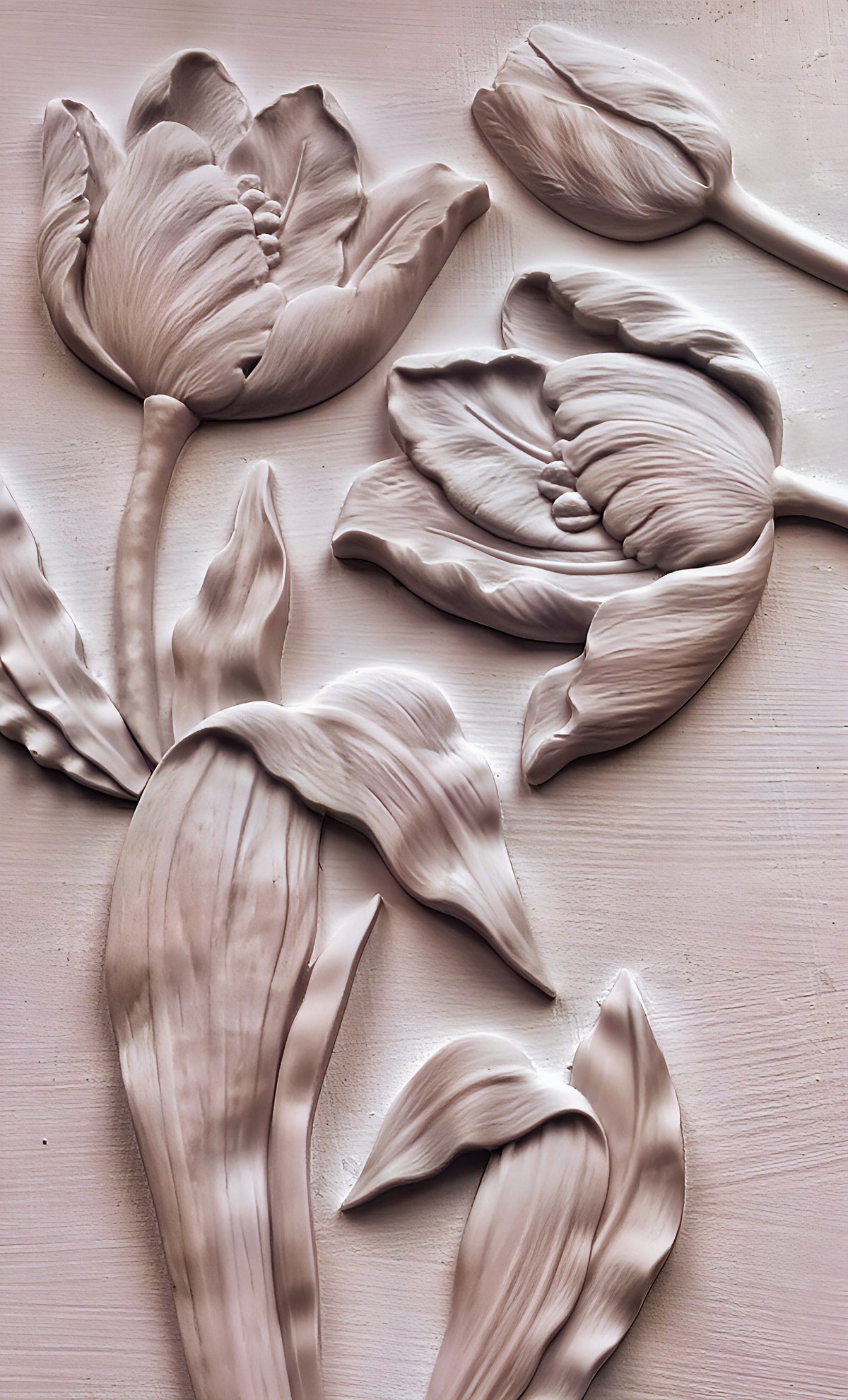 Tulip relief sculpture made with IOD Tulips Mould by Iron Orchid Designs for botanical detailing.