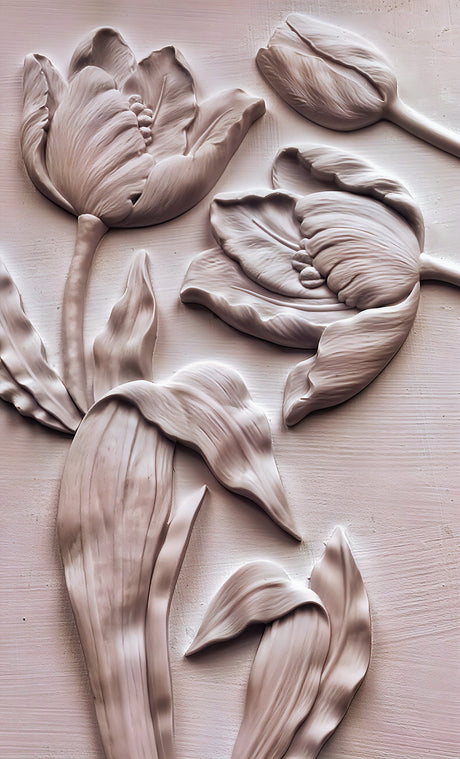 Tulip relief sculpture made with IOD Tulips Mould by Iron Orchid Designs for botanical detailing.