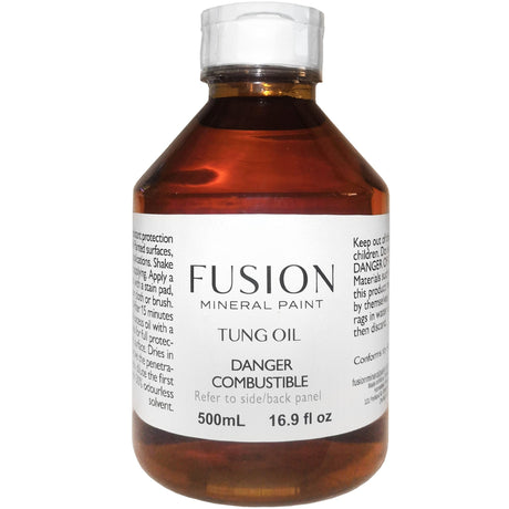 500ml Fusion Mineral Paint Tung Oil with white label, combustible wood finish, for external use only.