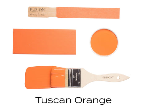 Fusion Mineral Paint Tuscan Orange (Seasonal) with four swatches, brush, and open can displayed together.