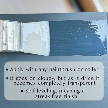 Paintbrush applying Fusion Mineral Paint Ultra Guard (Satin); text highlights use and drying for furniture finish.