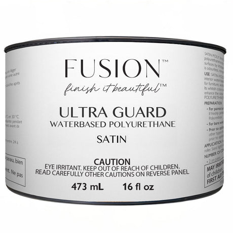 Ultra Guard (Satin) 473mL by Fusion Mineral Paint, water-based satin finish with caution label on container.