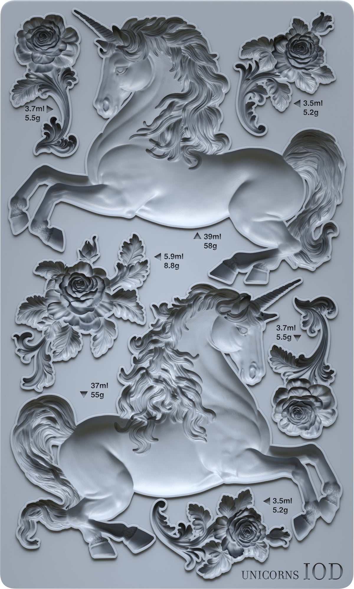 Unicorns Mould by IOD: features two unicorns, roses, swirls, and labeled volumes. Brand: Iron Orchid Designs.