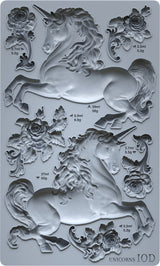 Unicorns Mould by IOD: features two unicorns, roses, swirls, and labeled volumes. Brand: Iron Orchid Designs.