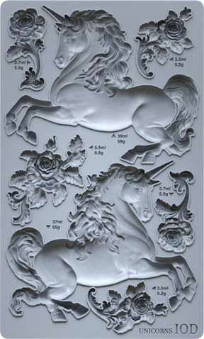 Unicorns Mould by IOD: features two unicorns, roses, swirls, and labeled volumes. Brand: Iron Orchid Designs.