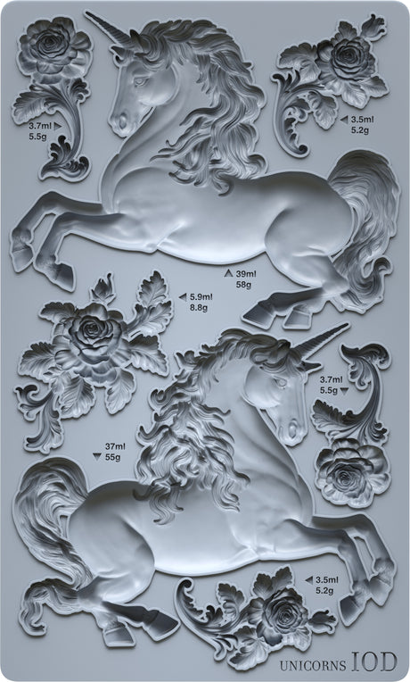 Unicorns Mould by IOD: features two unicorns, roses, swirls, and labeled volumes. Brand: Iron Orchid Designs.