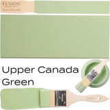 Fusion Mineral Paint Upper Canada Green (Seasonal) with brush, painted swatch, and bowl.