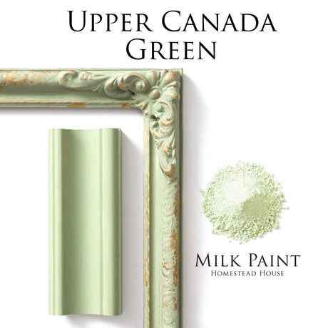 Green frame and molding displayed beside Upper Canada Green Milk Paint by Homestead House.