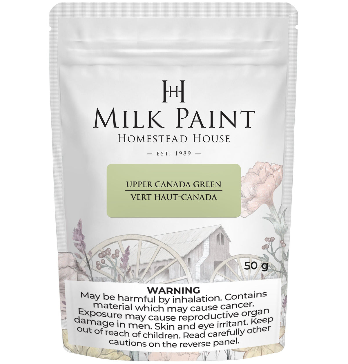 Homestead House Upper Canada Green Milk Paint 50g pouch with warning label and floral design.