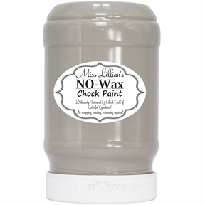 Miss Lillian’s Uptown Castle No-Wax Chock Paint, light gray, for furniture restoration projects.