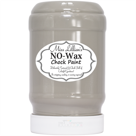 Miss Lillian’s Uptown Castle No-Wax Chock Paint, light gray, for furniture restoration projects.