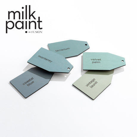 Five Velvet Palm Paint by Fusion Mineral Paint sample cards with logo on a white background.