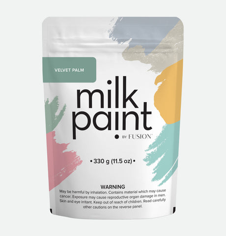 Fusion Mineral Paint Velvet Palm Paint 330g pouch with safety info and abstract design on the label.