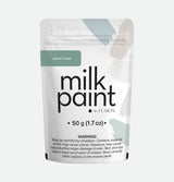 50g pouch of Velvet Palm Paint by Fusion Mineral Paint with green/gray swatches and visible health warning.