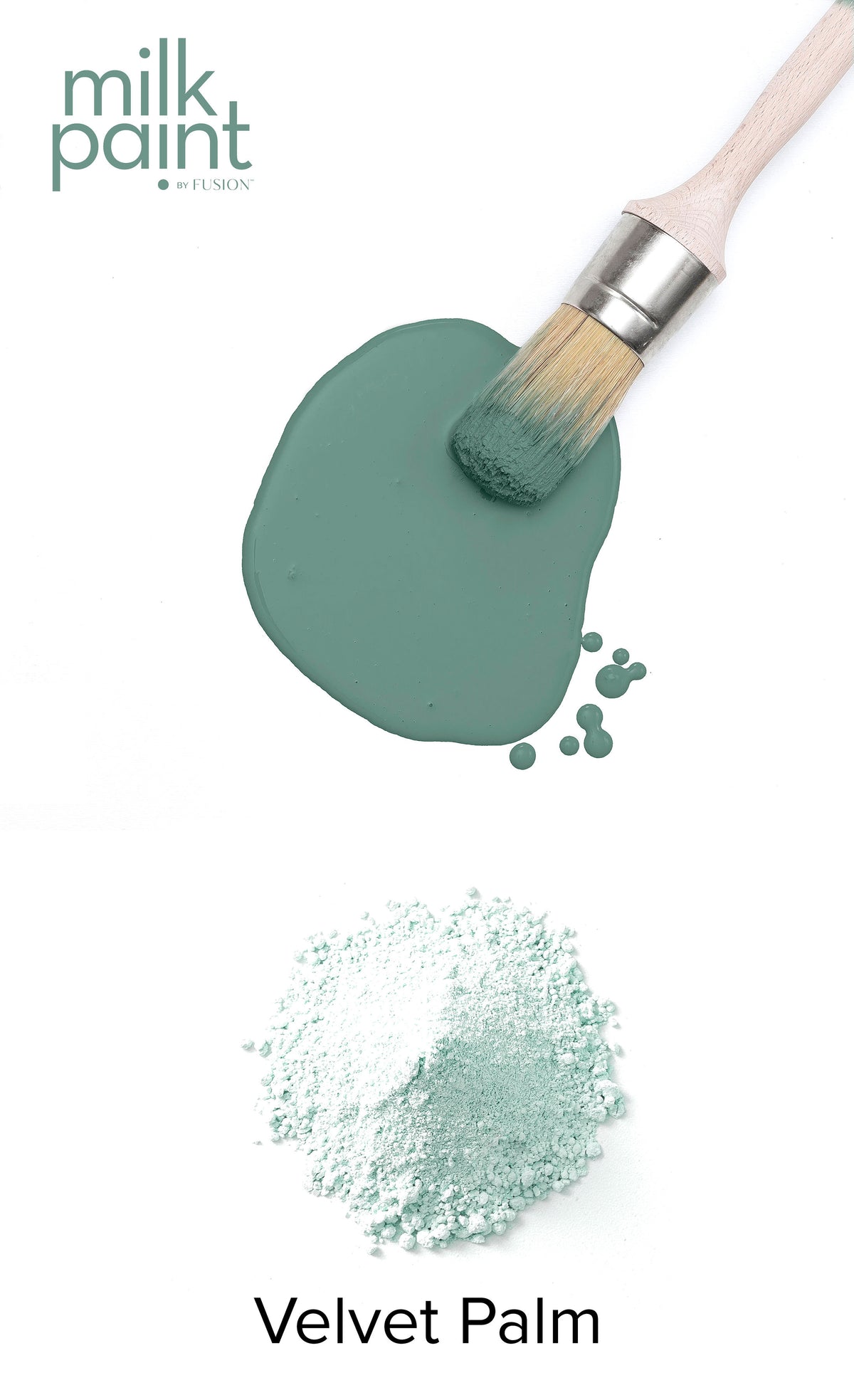 Brush with green paint, green powder, and “Velvet Palm Paint by Fusion Mineral Paint” text.