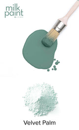 Brush with green paint, green powder, and “Velvet Palm Paint by Fusion Mineral Paint” text.