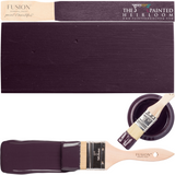 Paintbrush, Velvet Plum Fusion Mineral Paint swatch, and container labeled The Painted Heirloom Fusion Mineral Paint.