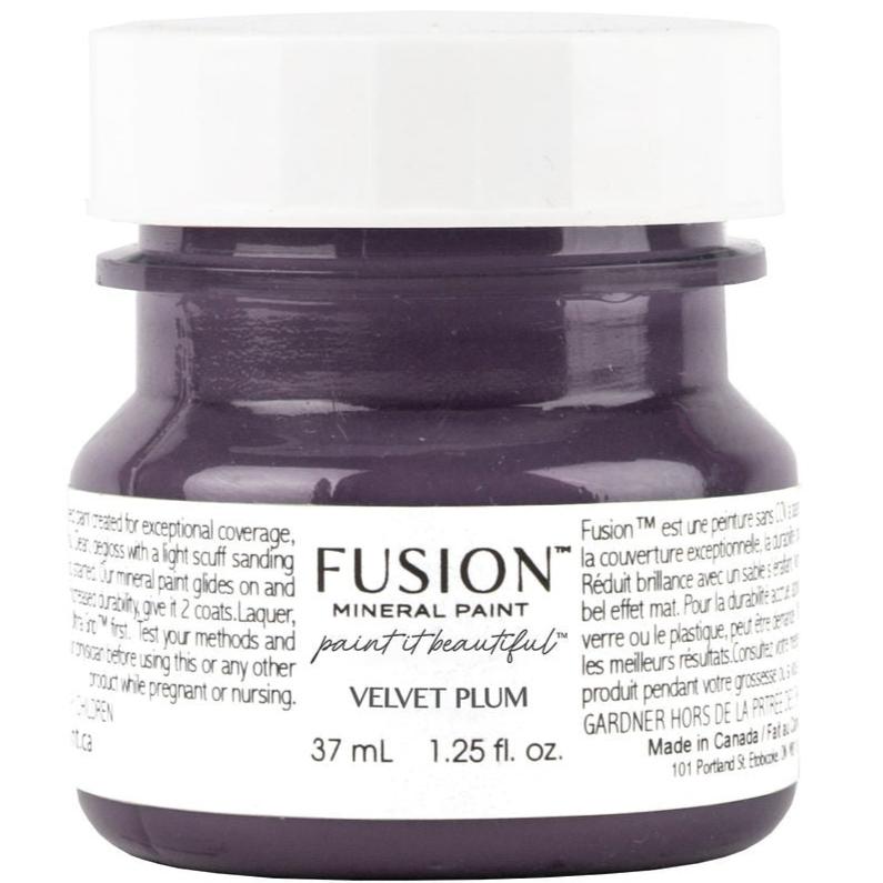 37 mL jar of Fusion Mineral Paint in Velvet Plum with a white label and black lid.