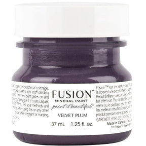 37 mL jar of Fusion Mineral Paint in Velvet Plum with a white label and black lid.