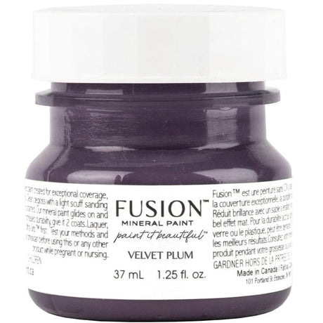 37 mL jar of Fusion Mineral Paint in Velvet Plum with a white label and black lid.