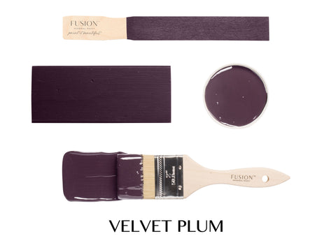 Four Velvet Plum Fusion Mineral Paint swatches by Fusion, displayed with a brush and a dish.
