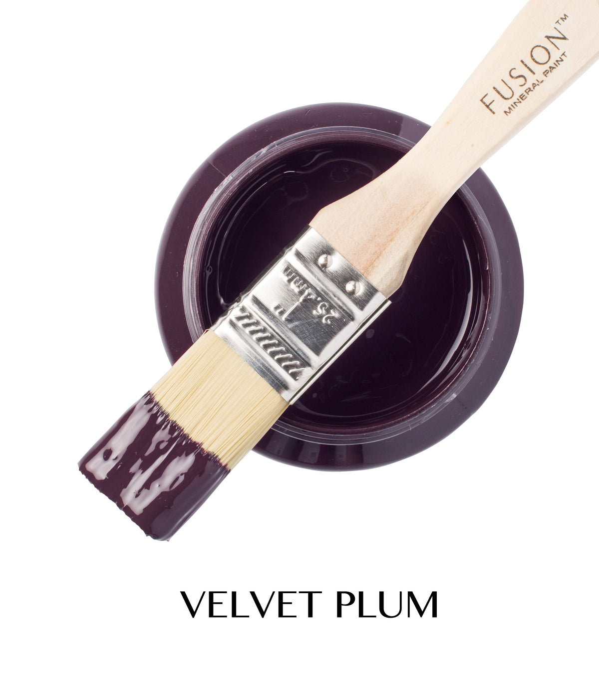 Open Velvet Plum Fusion Mineral Paint jar with brush resting on top; product name visible below.