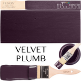 Paintbrush with Velvet Plum Fusion Mineral Paint, color swatch, and product name on white background.