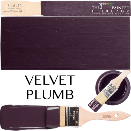 Paintbrush with Velvet Plum Fusion Mineral Paint, color swatch, and product name on white background.