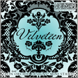 Black floral frame on blue with “Velveteen” text, made using I.O.D. Velveteen Mini-Stamp and damask accents.