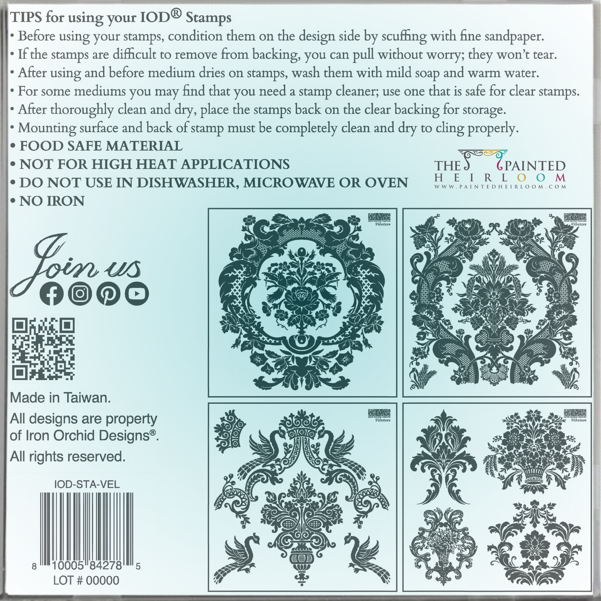 Three black ornate floral designs with I.O.D. Velveteen Mini-Stamp by Iron Orchid Designs tips listed on the left.