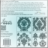 Three black ornate floral designs with I.O.D. Velveteen Mini-Stamp by Iron Orchid Designs tips listed on the left.