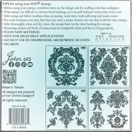 Three black ornate floral designs with I.O.D. Velveteen Mini-Stamp by Iron Orchid Designs tips listed on the left.