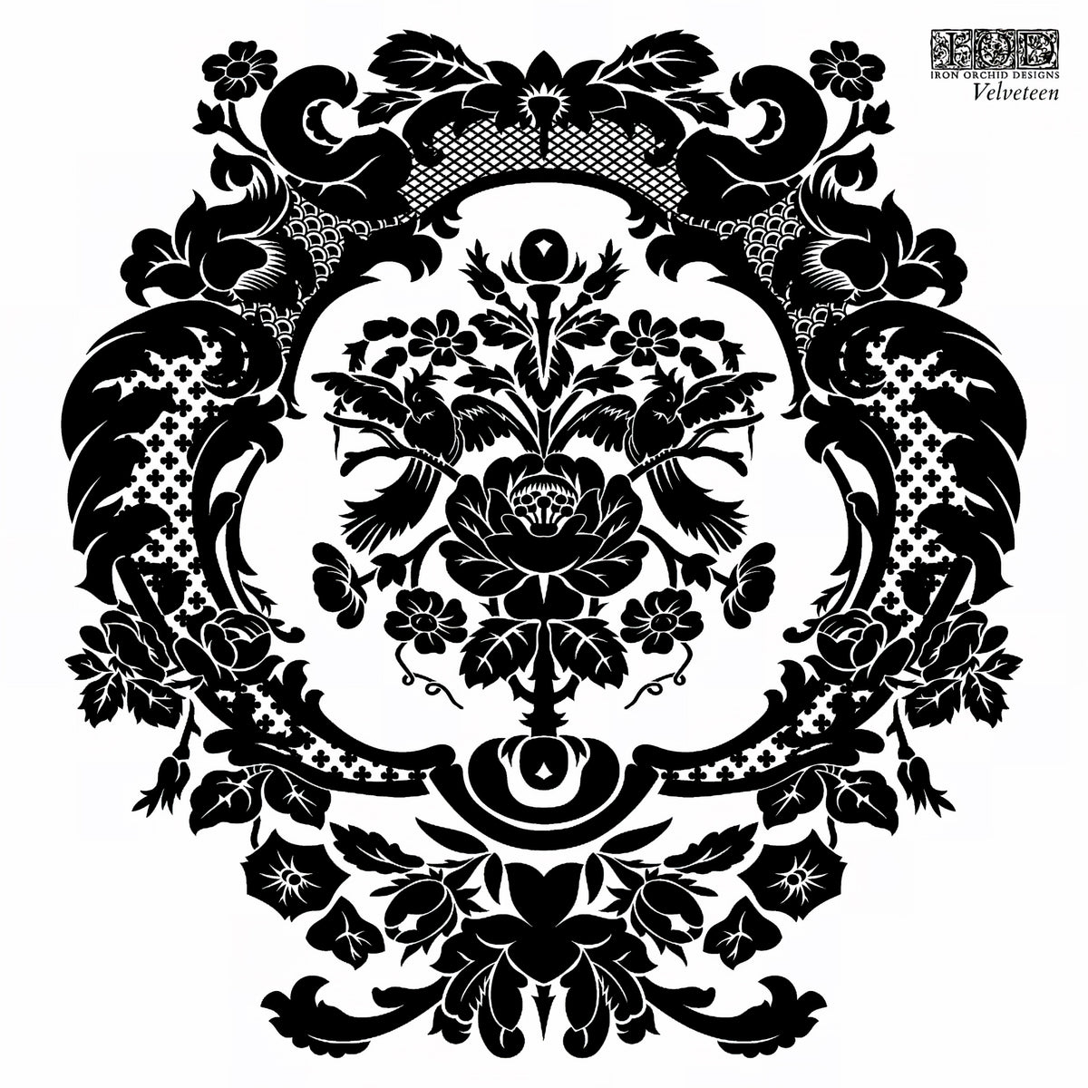 Velveteen Mini-Stamp by IOD with black floral and animal damask pattern on white.