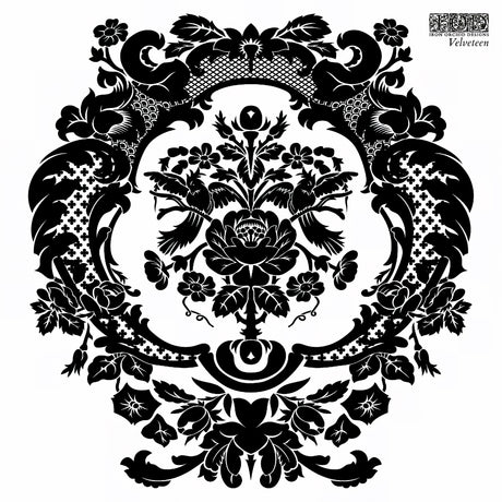 Velveteen Mini-Stamp by IOD with black floral and animal damask pattern on white.