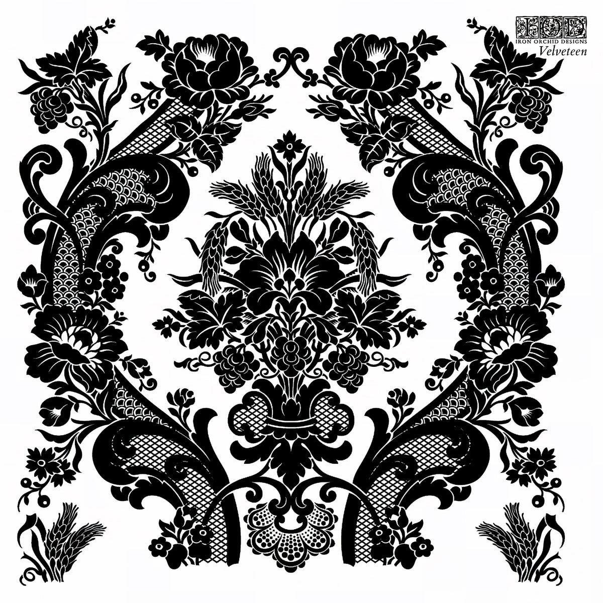 Black floral damask pattern inspired by Velveteen Mini-Stamp by I.O.D. on white background.