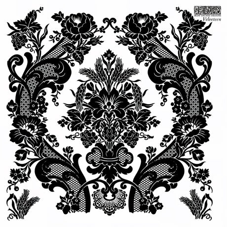 Black floral damask pattern inspired by Velveteen Mini-Stamp by I.O.D. on white background.
