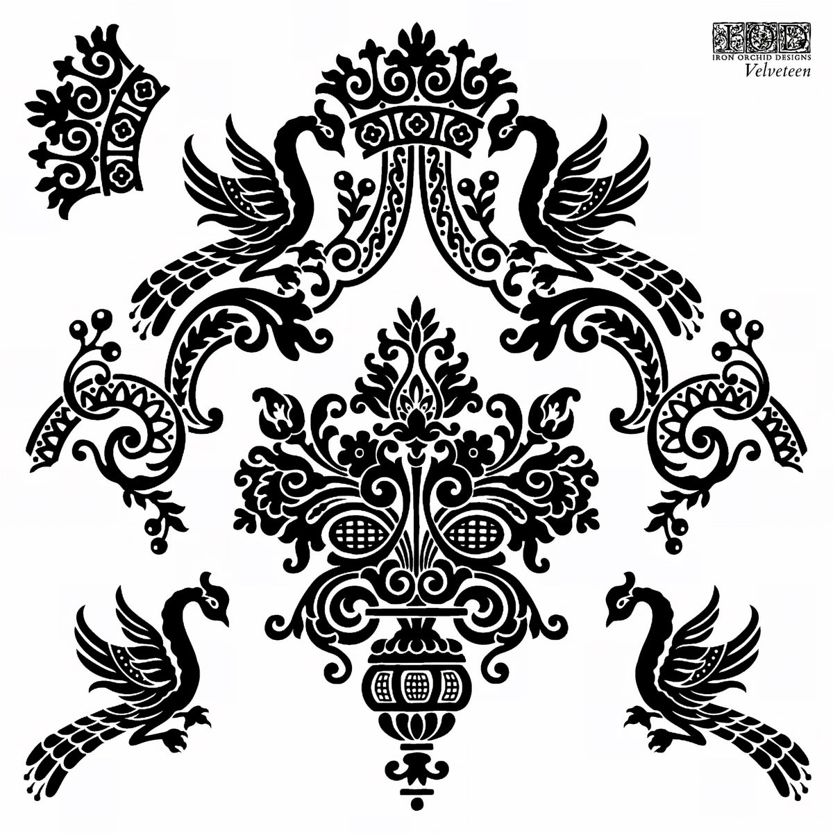 Velveteen Mini-Stamp by IOD: black damask, birds, and florals on white. By Iron Orchid Designs.