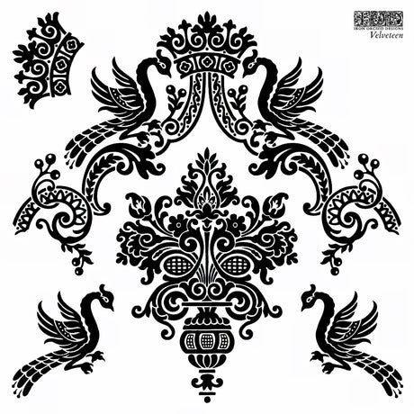 Velveteen Mini-Stamp by IOD: black damask, birds, and florals on white. By Iron Orchid Designs.