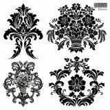 Four black-and-white floral patterns inspired by I.O.D.’s Velveteen Mini-Stamp and Victorian damask motifs.