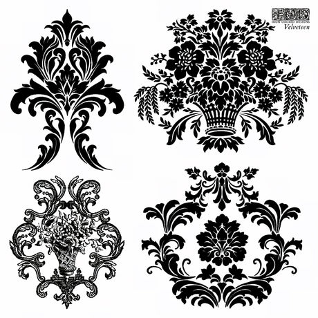 Four black-and-white floral patterns inspired by I.O.D.’s Velveteen Mini-Stamp and Victorian damask motifs.