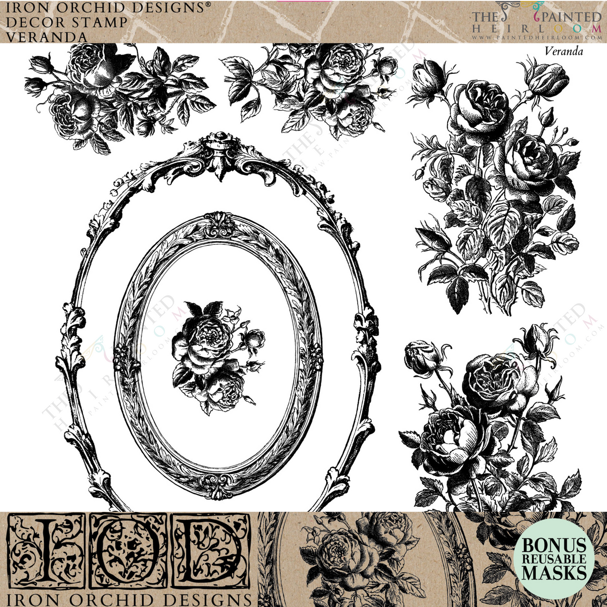 The Veranda Stamp by I.O.D. featuring floral and oval frame designs for decorating furniture projects.