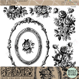 The Veranda Stamp by I.O.D. featuring floral and oval frame designs for decorating furniture projects.