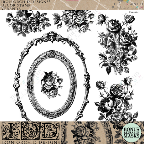 The Veranda Stamp by I.O.D. featuring floral and oval frame designs for decorating furniture projects.