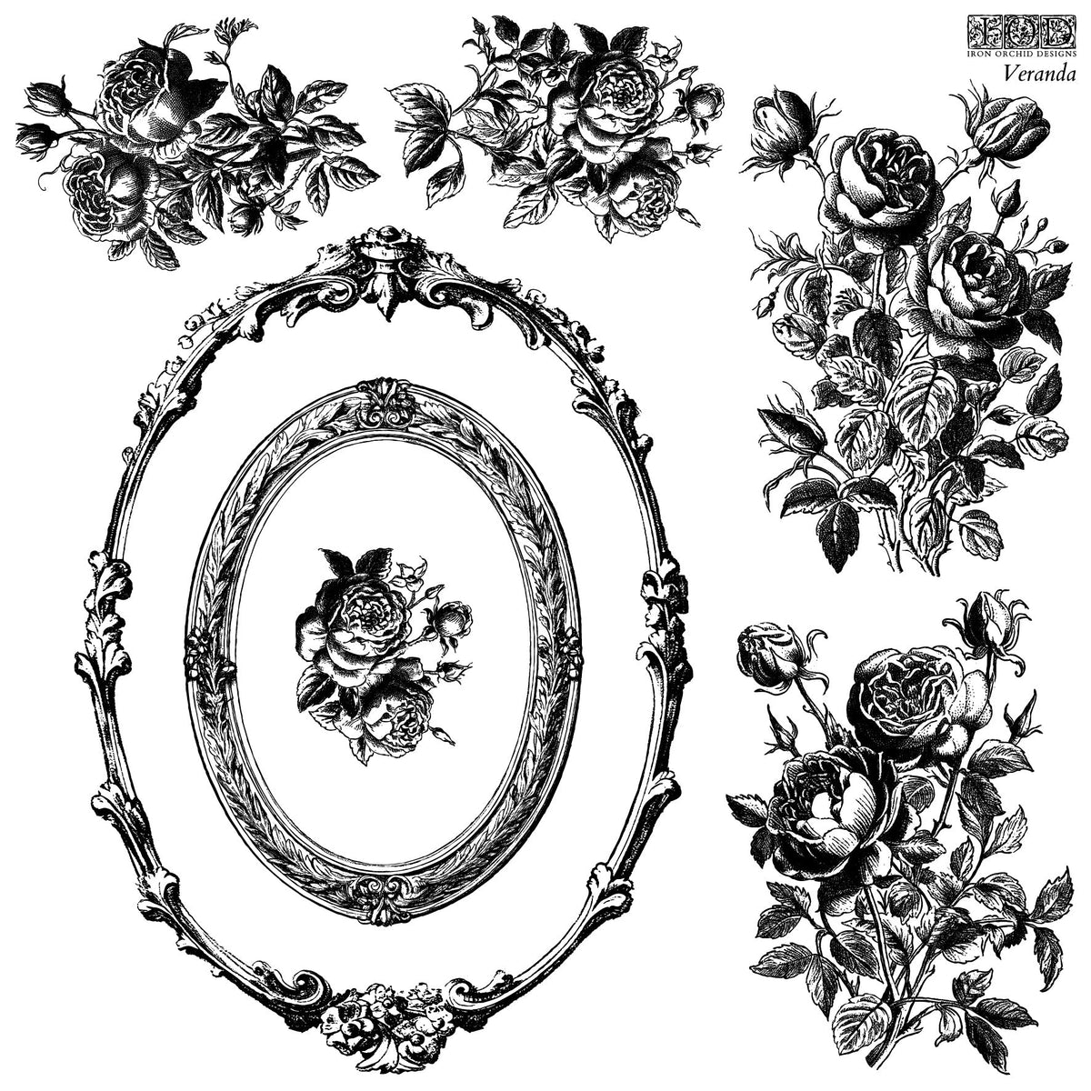 Veranda Stamp by IOD with black and white floral designs, ornate oval frames, and bamboo lattice pattern.
