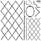 Veranda Stamp by IOD featuring a black and white bamboo lattice pattern, brand name I.O.D. visible.