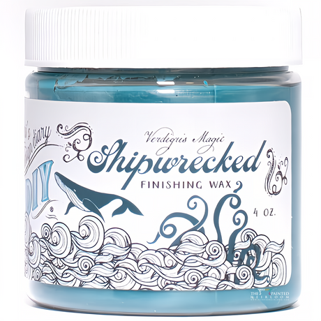 DIY Paint Co. Verdigris Shipwrecked Wax, 4 oz tin, blue wax with nautical whale label and white lid.