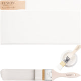 Fusion Mineral Paint Victorian Lace sample swatch with two brushes displaying the multi-tone white shade.